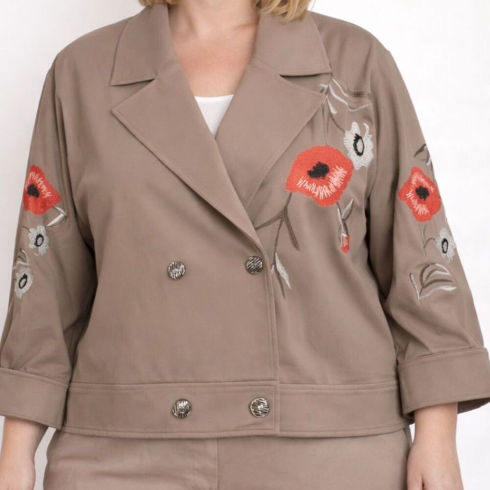 Ming Wang 1X Embroidered Floral Jacket NWT Taupe Relaxed Fit Double Breasted
